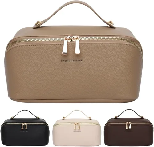 Miniatura 9 de Bolsas de maquillaje a cuadros de gran capacidad, bolsas de cosméticos portátiles de viaje, bolsa de aseo abierta y plana para mujeres y niñas