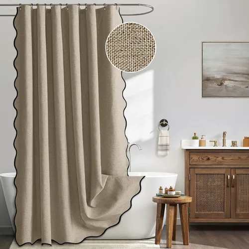 Miniatura 12 de MIULEE Cortina de ducha festoneada de lino texturizado con 12 ganchos de metal, bonita cortina de ducha de tela gruesa resistente, lavable, Negro