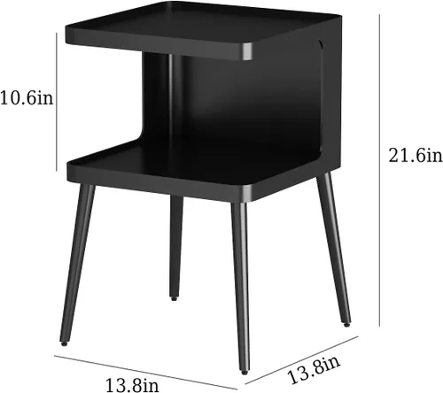 Miniatura 2 de Mesa auxiliar moderna negra, mesas auxiliares pequeñas de 2 niveles, mesas auxiliares de metal, sala de estar con 4 patas, mesita de noche negra