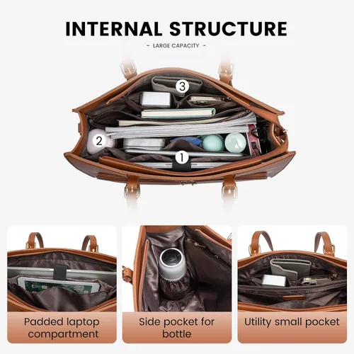 Miniatura 4 de LOVEVOOK Bolsa para laptop de 15.6 pulgadas para mujer, impermeable, con puerto de carga USB, maletín de mano y hombro de cuero sintético, bolsa