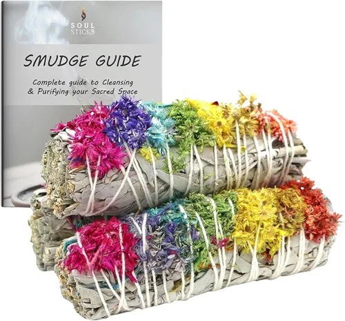 Miniatura 8 de SOUL STICKS Paquete de 3 barras de salvia blanca floral con flores para limpiar el hogar, meditación, yoga, curación y manchas, California de origen