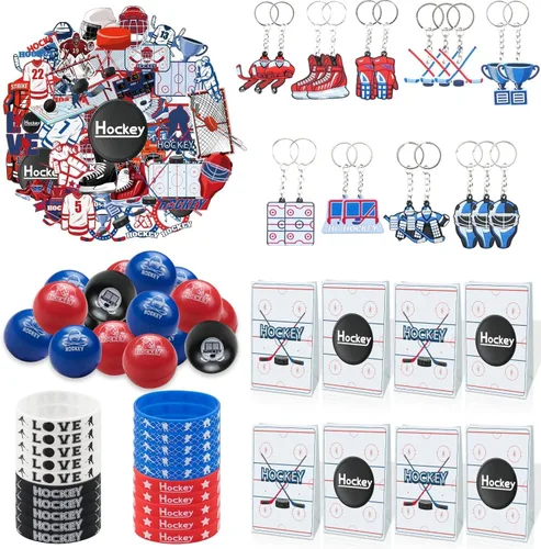 Regalos de fiesta de hockey 130 piezas de suministros de fiesta de hockey pelotas de hockey de espuma, pulseras de silicona, calcomanías temáticas