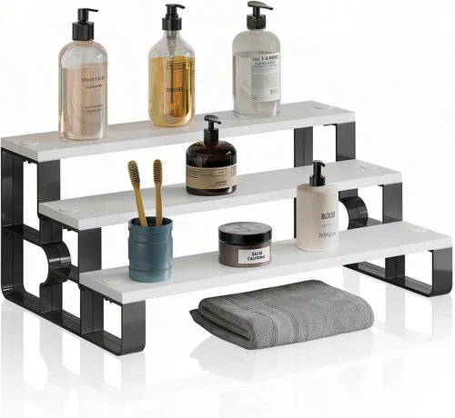Miniatura 14 de Organizador de encimera de baño con cesta de artículos de tocador, estante de almacenamiento de encimera de baño de 2 niveles con almohadilla