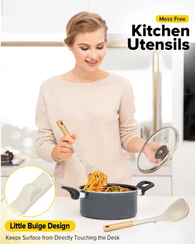 Miniatura 4 de Juego de cucharón de sopa de silicona y cuchara de espagueti con mango de madera, utensilios de cocina antiadherentes resistentes al calor para Caqui