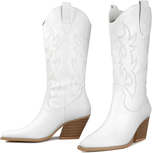 Miniatura 2 de Mostrin Botas vaqueras para mujer, punta puntiaguda, botas vaqueras a media pantorrilla, tacón grueso, botas occidentales