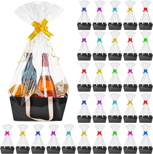 Tuanse 30 Piezas Canasta para Regalo Vacía Kit de Cesta de Regalo DIY a Granel con Asa Bandeja de Cartón Kraft con 30 Bolsas 30 Lazos Bandeja de