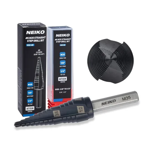 Miniatura 51 de NEIKO 10602B Step Drill Bit, 13 Steps 1/8" to 1/2" Spiral M35 Cobalt, AlTiSiN Coated, 1/4" Quick Change Step Bits for Steel, Metal, Wood, Plastic