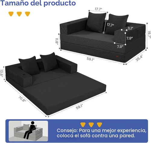 Miniatura 2 de COMAX Sofá cama futón, sofá cama convertible 4 en 1, sofás plegables sin hueso para sala de estar, plegable pequeño sofá biplaza plegable en el Negro