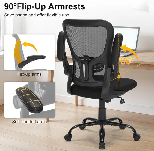 Miniatura 6 de Silla de oficina ergonómica de malla, soporte lumbar ajustable, brazos abatibles, silla giratoria para computadora con respaldo transpirable