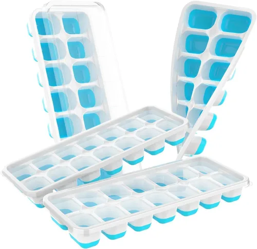 ChefAide Bandeja para cubitos de hielo con tapa, 4 paquetes de 56 cubos, bandejas apilables duraderas para cubitos de hielo para congelador con