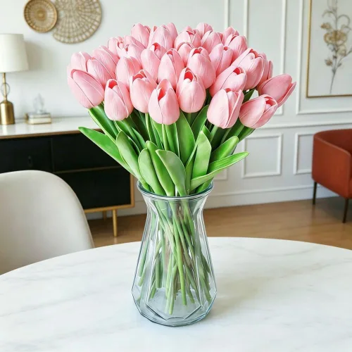 Miniatura 21 de Tulipanes falsos de PU de tacto real, flores artificiales, 10 piezas, arreglo floral, ramo para decoración de hogar, oficina, boda (blanco)