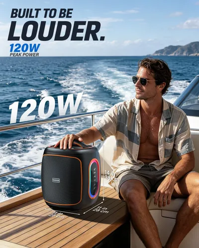 Miniatura 2 de Altavoz Bluetooth de 120 W, altavoz para exteriores de 6.5 pulgadas con graves súper profundos, 18000 mAh 30H, BT5.4, IP65 impermeable, luces RGB
