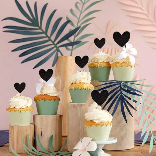 Miniatura 3 de 30 piezas de decoración para cupcakes con diseño de corazón con purpurina para cupcakes, despedida de soltera, boda, compromiso, decoración de Negro