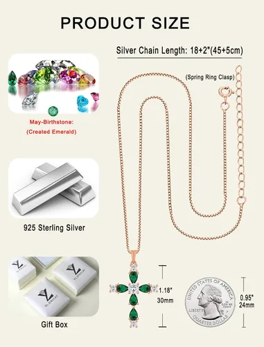 Miniatura 175 de YL Collar de cruz de plata de ley 925 con colgante de piedra natal religiosa para mujer
