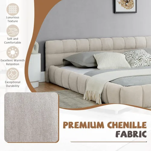 Miniatura 5 de Base de cama tapizada tamaño California King con tela de felpilla gruesa, cama de plataforma con cabecero copetudo, marco de madera maciza, diseño
