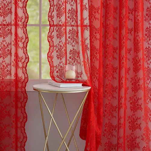 Miniatura 5 de YJ YANJUN Cortinas transparentes rojas de 96 pulgadas de largo para sala de estar, juego de 2 paneles, hermosas cortinas de encaje con flores de Rojo