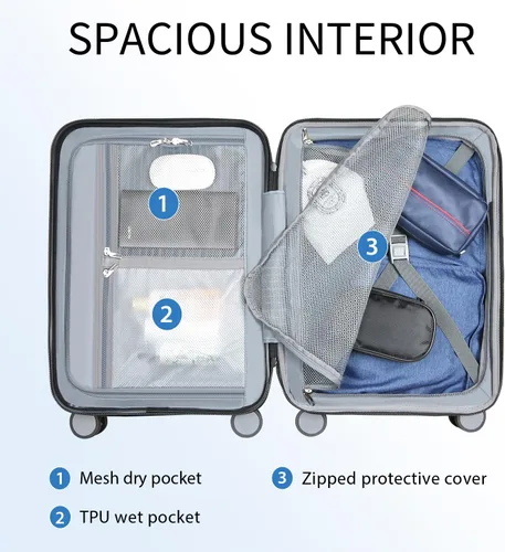 Miniatura 3 de KROSER Equipaje de mano con ruedas giratorias y cerradura TSA integrada, maleta duradera con ruedas, Negro