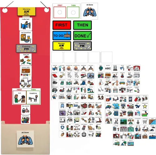 Programa visual para niños – 133 tarjetas de plástico duraderas con imágenes y monedas de lazo suave | Rutina diaria y tabla de recompensas de Rojo