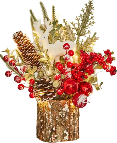 Decoración Navideña Árbol de Navidad pequeño con luces - Mini árbol de Navidad artificial de mesa iluminado con adornos navideños gnomos de interior