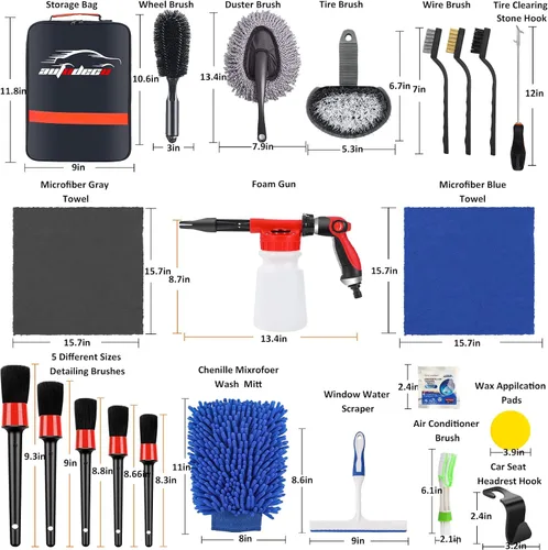 Miniatura 7 de Kit de limpieza y detalle para lavado de autos de 33 piezas con pistola de espuma, cepillo, manopla grande de lavado, toallas, suministro completo