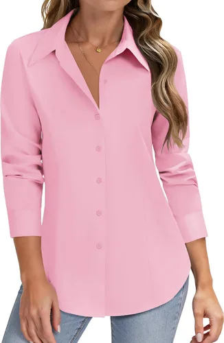 Miniatura 11 de HOTOUCH Camisas de manga larga con botones para mujer, camisas de vestir con protección contra manchas, ajuste delgado, blusas de trabajo, oficina