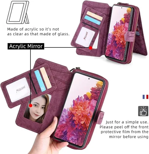 Miniatura 4 de Asuwish Funda de teléfono para Samsung Galaxy S20 FE 5G 6.5 pulgadas con cremallera con protector de pantalla y tarjetero de espejo abatible Cell S