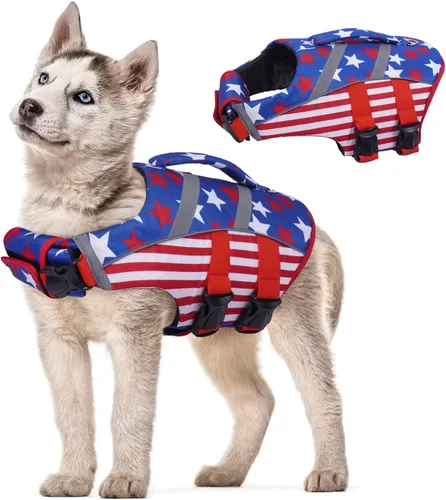 Miniatura 10 de Kuoser Chaleco salvavidas para perros con rayas reflectantes, chaleco salvavidas ajustable para mascotas con alta flotación, traje de baño