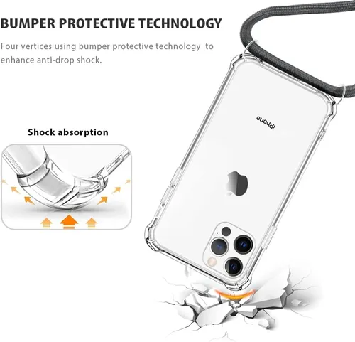 Miniatura 5 de Funda diseñada para iPhone 14 Pro Max con correa ajustable para el cuello, TPU transparente suave antiamarilleamiento, a prueba de golpes, funda