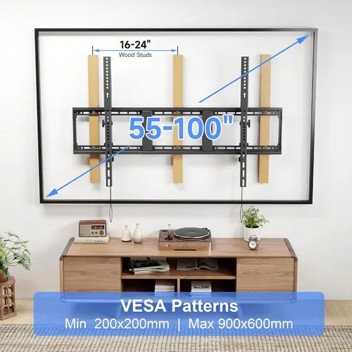 Miniatura 2 de Suptek Soporte de pared fijo resistente para televisores de 55 a 100 pulgadas, 265 libras, se adapta a 3 pernos de 16 pulgadas y 2 pernos de 18 o 24