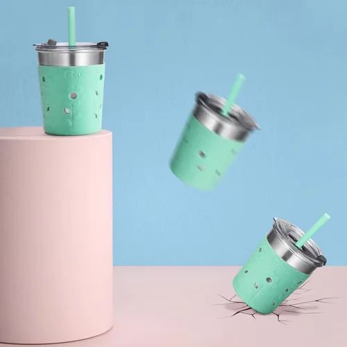Miniatura 6 de Tiblue Vasos para batidos de acero inoxidable a prueba de derrames, con tapas a prueba de fugas, popote de silicona con tapón y manga, sin BPA