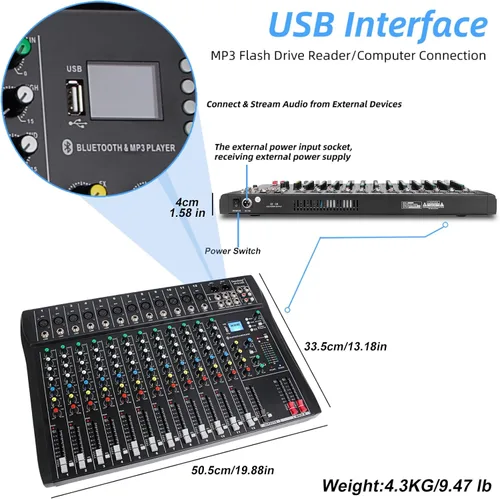 Miniatura 2 de Mezclador de audio de 12 canales, DT12 Studio, interfaz controladora de sonido para DJ, con unidad USB para entrada de grabación de computadora