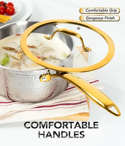 Miniatura 6 de Michelangelo Triply - Juego de cacerolas de acero inoxidable martillado de lujo con mango dorado, juego de ollas de alta calidad, compatible