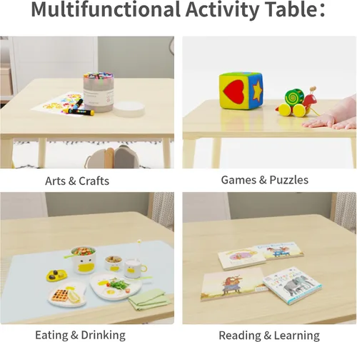 Miniatura 5 de Juego de mesa y silla para niños, juego de mesa de madera para niños con 2 sillas, mesa de actividades adorablemente animales para leer, dibujar, B