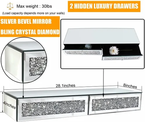 Miniatura 2 de Estante de pared con espejo de diamantes de cristal con cajón, estante flotante de vidrio triturado plateado de 31.5 pulgadas para dormitorio, sala