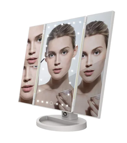 Pursonic TM24FWH - Espejo de tocador con 24 luces LED de triple pliegue, 2X y 3X, 24 luces naturales regulables, pantalla táctil, espejo de mesa