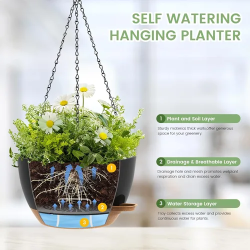 Miniatura 3 de Paquete de 3 10 macetas colgantes con cadenas, macetas de plástico de riego automático para plantas de interior y exterior, diseño de cadena