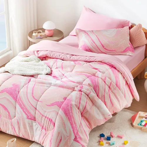 SLEEP ZONE Juego de Edredón para Niños Tamaño Full/Queen - 7 Piezas Juegos de Ropa de Cama y Colecciones Súper Lindos y Suaves con Edredón, Sábana,
