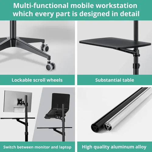Miniatura 6 de Viozon Escritorio móvil, estación de trabajo móvil, soporte de suelo para portátil multiuso, altura ajustable de 34 a 48.6 pulgadas, compatible