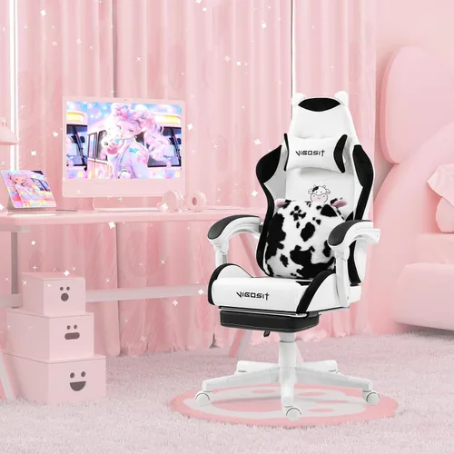 Miniatura 5 de Vigosit Linda silla de juegos con cojín lumbar de patas, silla de videojuegos de PC para niñas, adolescentes y mujeres (negro y blanco)