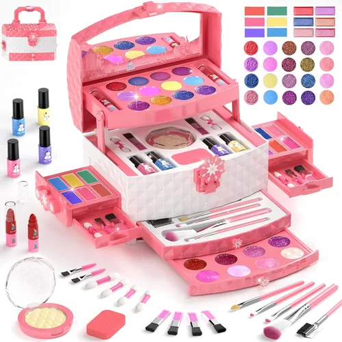 GirlsHome Set de maquillaje para niñas de 56 piezas, lavable, cosméticos reales no tóxicos, juguetes de Frozen, kit de maquillaje para niñas