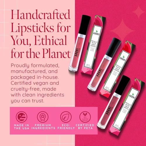Miniatura 5 de Aromi Lápiz labial líquido mate metálico Rosa polvoriento rosado, color de labios malva rosado claro con acabado brillante, de larga duración