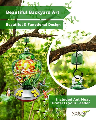 Miniatura 2 de Nature Gear - Comedero para colibríes, comederos de vidrio colgantes para exteriores, comedero de vidrio soplado a mano con foso para hormigas