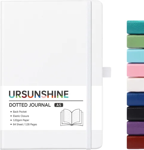 Miniatura 60 de Cuaderno punteado, diario, 5.3 x 8.26 pulgadas, tapa dura, prémium, papel grueso, doble espiral, bandas, cuero negro sintético, lazo para bolígrafo