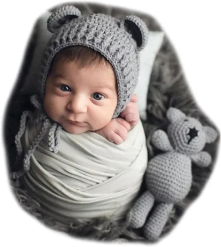 Miniatura 5 de Accesorios de fotografía para recién nacidos, sombrero de oso, sesiones de fotos de bebé, trajes de fotos para posar fotos de ganchillo, oso muñeca
