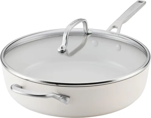 KitchenAid - Sartén/cocedor jumbo de cerámica anodizada dura antiadherente con inducción con tapa y mango auxiliar, apta para lavavajillas, Porcelana