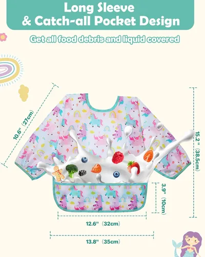 Miniatura 5 de Lictin Paquete de 3 Baberos para Bebé, Babero de Manga Larga Lindo, Baberos Impermeables para Niños Pequeños, Babero Ajustable con Cierre para Bebé