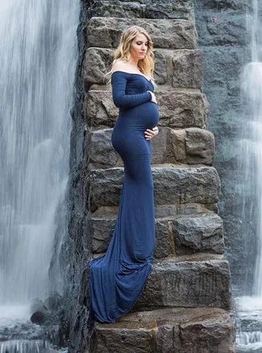 Miniatura 6 de ZIUMUDY - Vestido ajustado de maternidad con cuello en V fruncido, hombros descubiertos, manga larga, maxivestido para fotografía