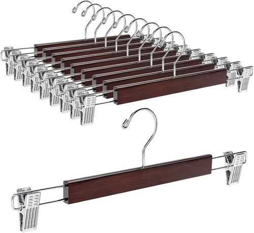 Miniatura 9 de Amber Home Paquete de 10 perchas de madera de color blanco sólido de 14.17 pulgadas para pantalones, pantalones y jeans con 2 clips ajustables