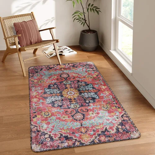 Miniatura 56 de Lahome Alfombra bohemia con medallón floral, 4 x 6 pies, color verde azulado, suave, lavable, antideslizante, apta para mascotas, alfombra