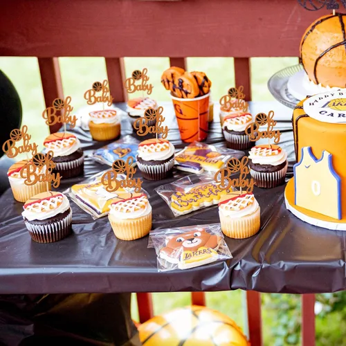 Miniatura 4 de Gyufise 24 piezas de baloncesto Oh Baby Cupcake Toppers Jugador de Baloncesto Escena Temática Púas de Fruta para Deportes Tema Babyshower Cumpleaños